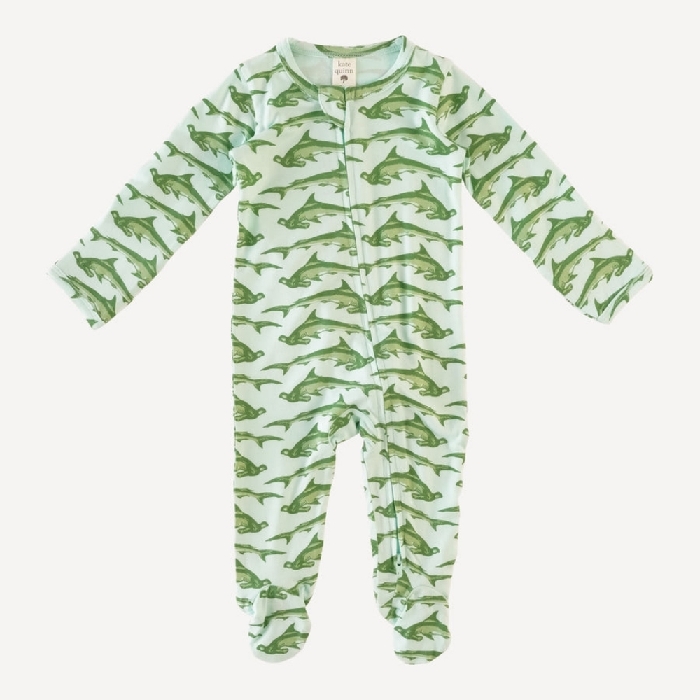 Kate Quinn Long Sleeve Zipper Footie Bamboo Green Hammerhead Sharks